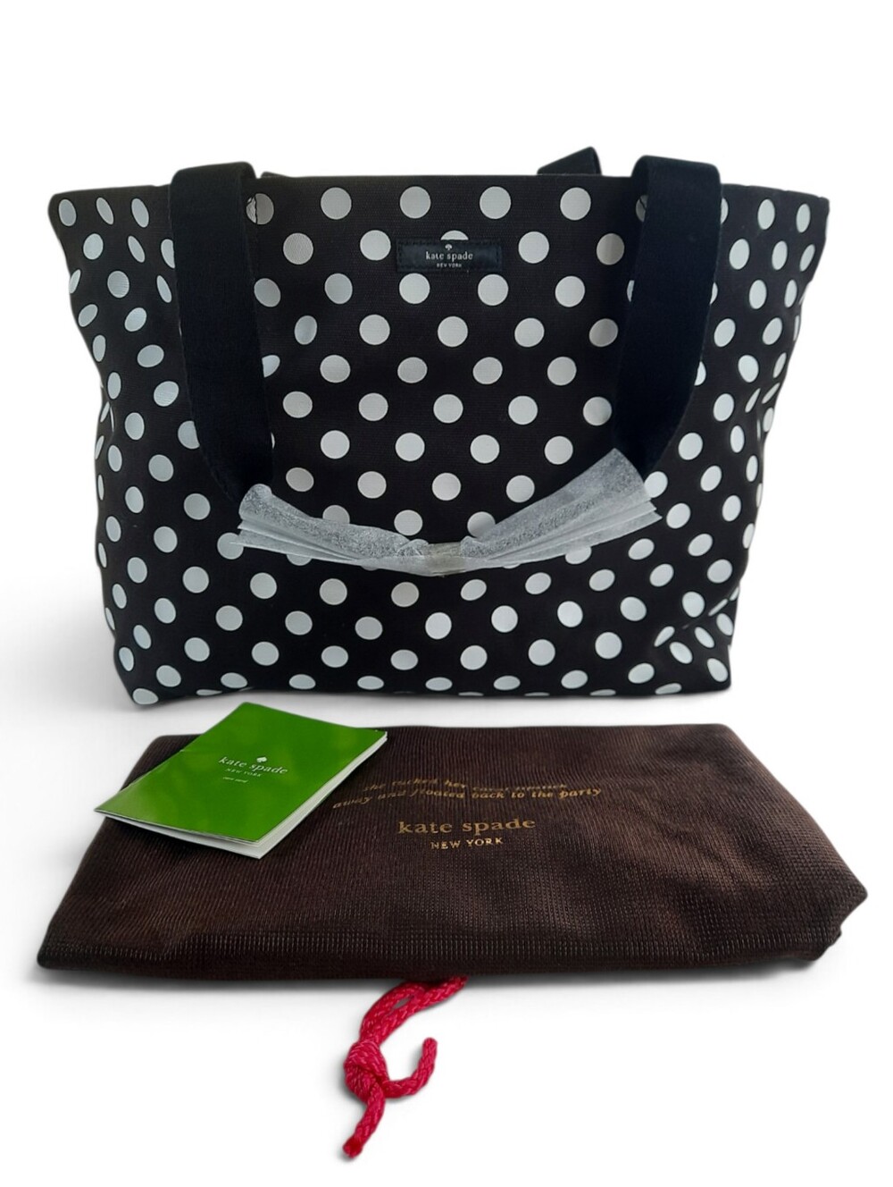 KATE SPADE Canvas Polka Dot Tote Leather Dustbag Packable Preppy Travel Work Gym